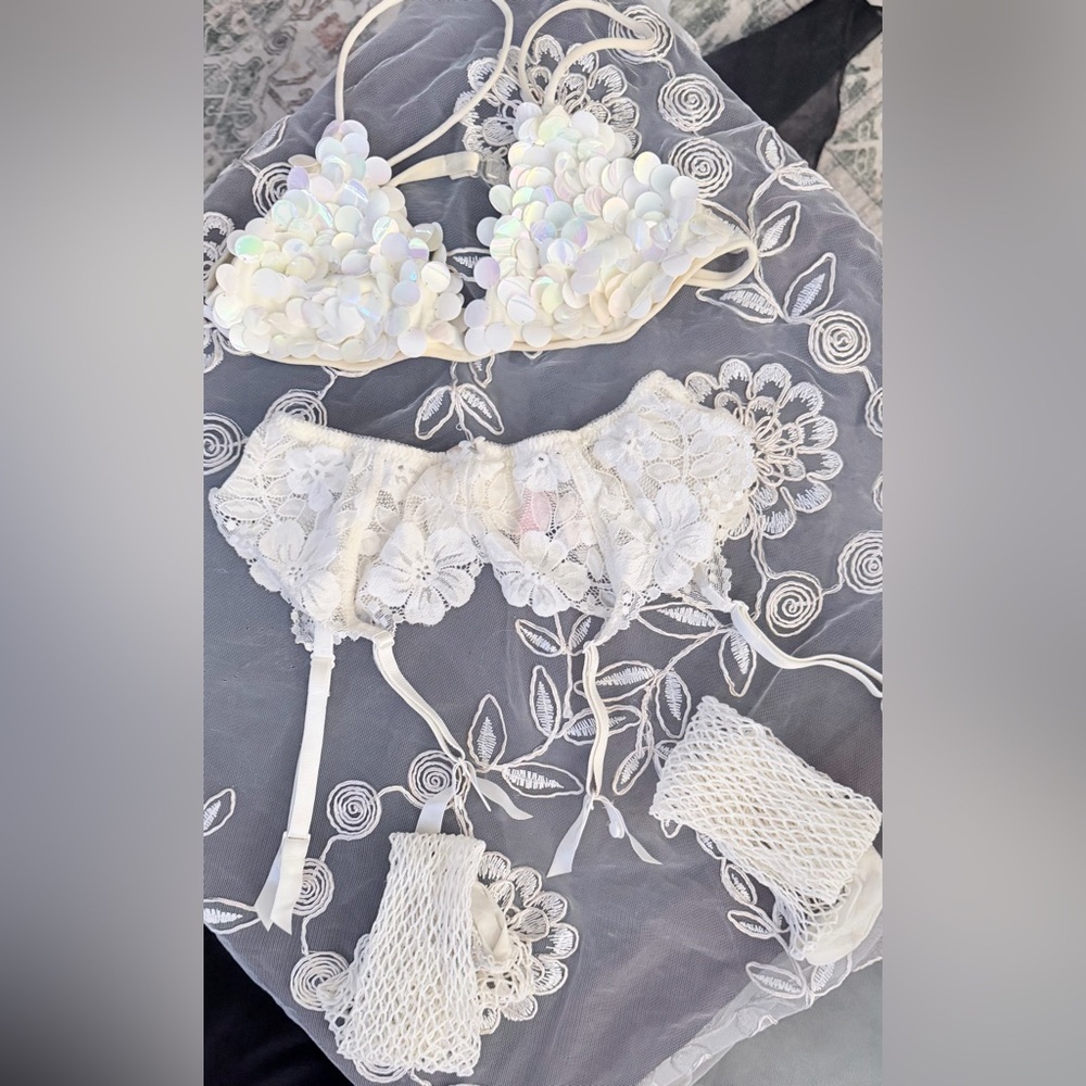 SZ M White Victoria's Secret Garter with Iridescent Bra and White Fishnets